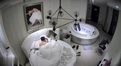 Hotel Hidden Camera — Red Skirt Rich Girl And Her Kept Boy Check In And Fuck Her Pussy With The Flashlight On Her Phone